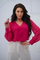 Elegancka bluzka damska z szyfonowym długim rękawem dekolt V mankiety z guzikiem - fuksja